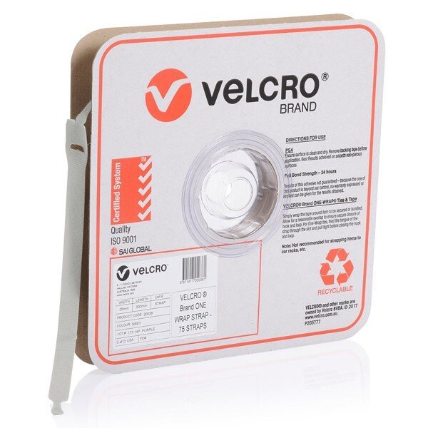 Velcro® Strap 300 x 25mm Grey - Reusable Ties for Cables, Wires and Cords - Roll of 75