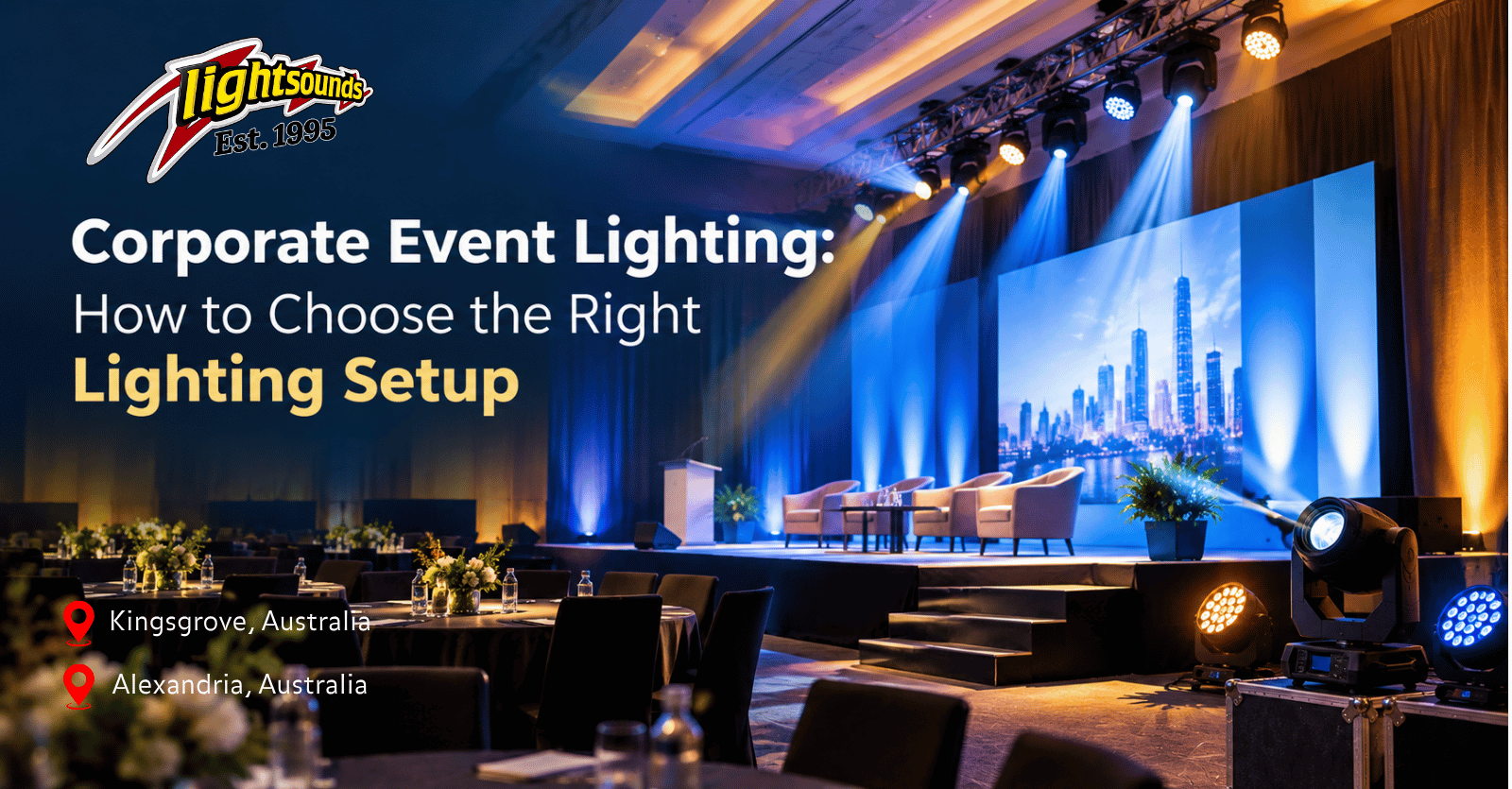 Corporate event lighting setup with stage wash lighting and LED uplighting at a business event by Lightsounds