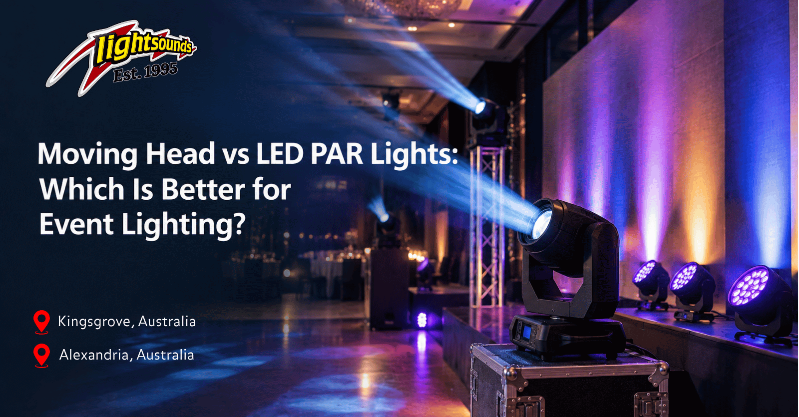 Moving head stage lights and LED PAR lights for event lighting at a venue