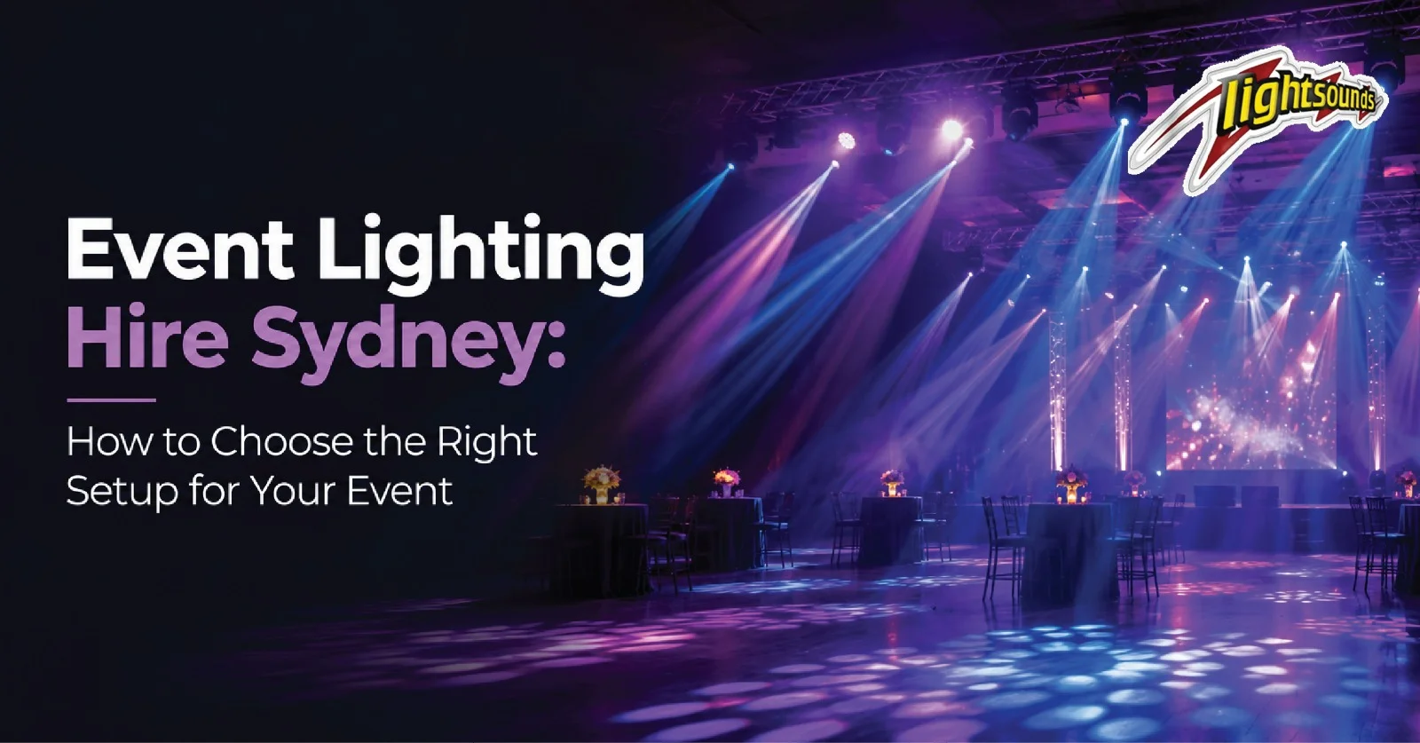 Event lighting hire Sydney setup with stage, uplights and moving lights by Lightsounds